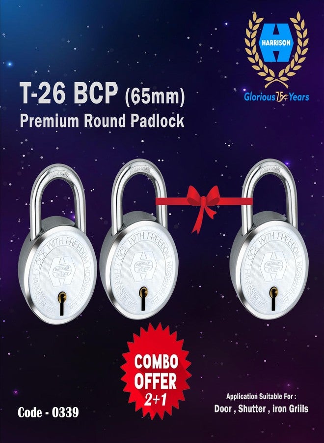 Harrison Padlocks Buy 2 Get 1 Free/ 0339 Premium Round Padlock 65mm T-26-BCP-0278 with 9 Common Keys/Padlock, Padlocks, Locks for Home, Locks for Main Door - Image 5